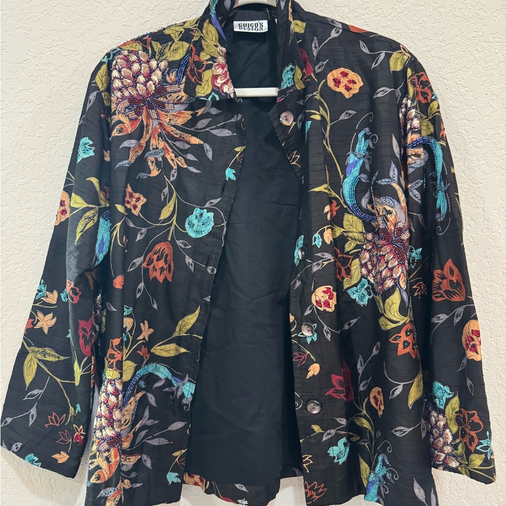 Chicos Silk And Cotton Design floral embroidered beaded art top